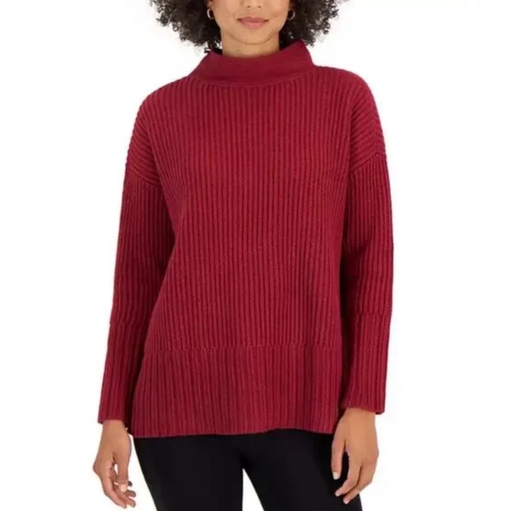 Eileen Fisher Organic Cotton & Cashmere Mock-Neck Red Knit Sweater Top Size L